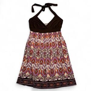 Y2K brown halter dress purple, orange, cream geometric pattern MKM Designs Large